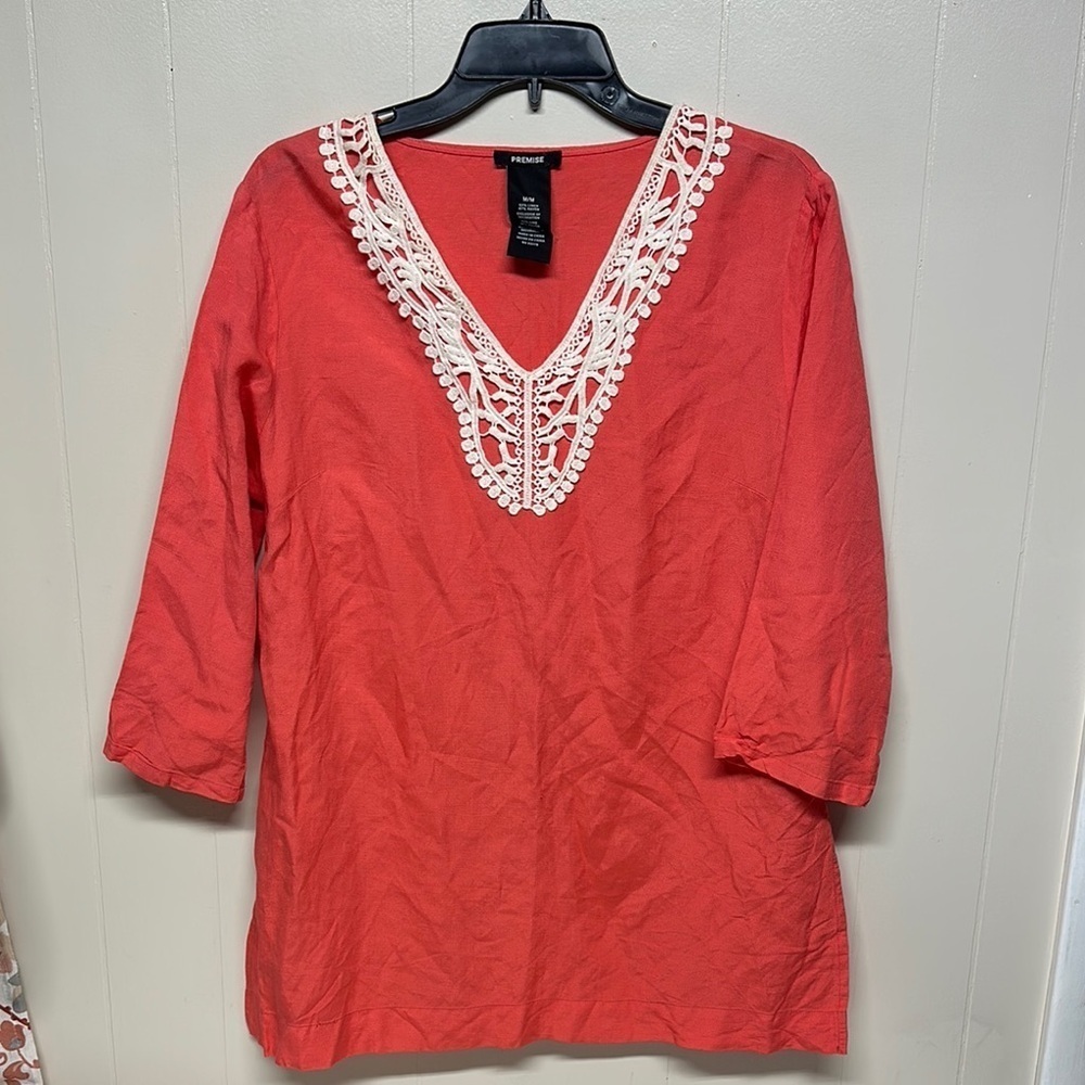 Premier Melon color Blouse with White V-Neck and 3/4 Sleeves 53%linen 47%rayon
